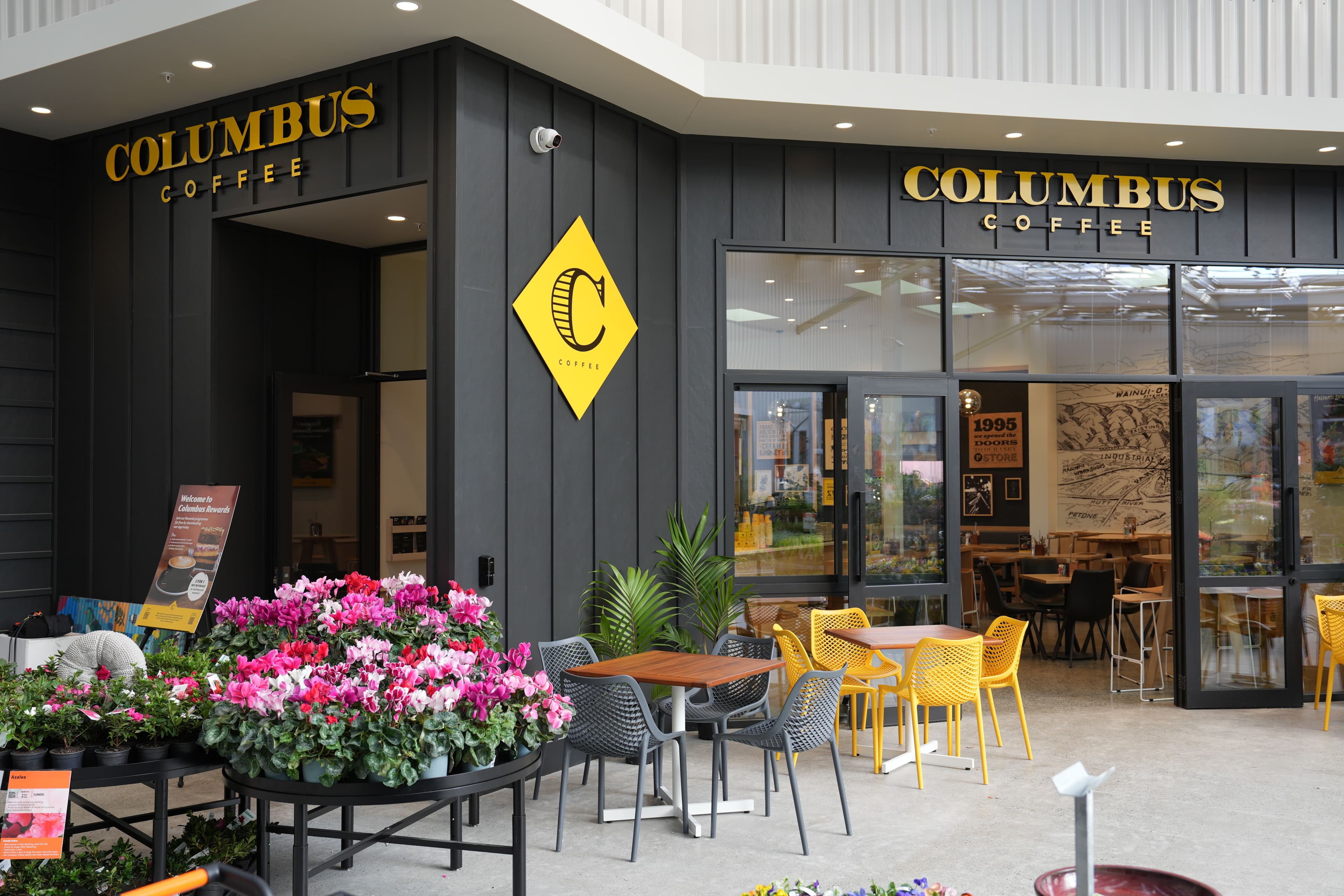 Exterior of a Columbus Coffee cafe in a garden centre