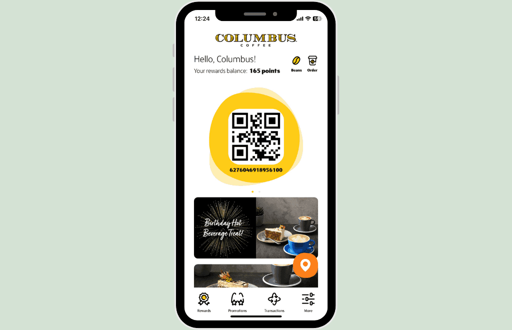 Columbus Coffee rewards app screenshot on a phone