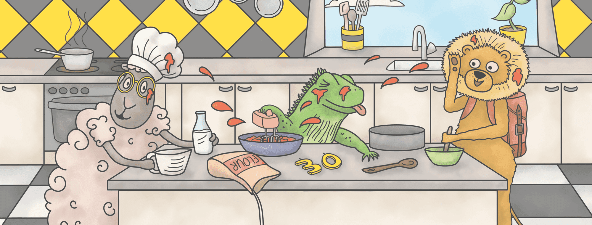 Illustration of Columbus coffee kids characters in a kitchen cooking